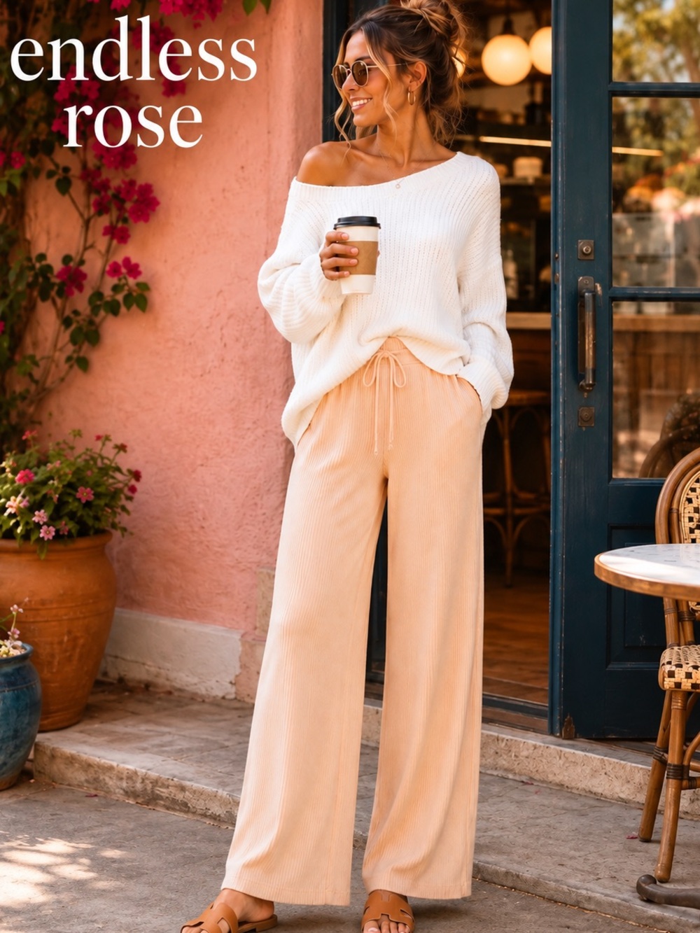 Anthro’s Endless Rose,Soft-Peach Wide-Leg,Ribbed Pants,Drawstring Waist,Size XS